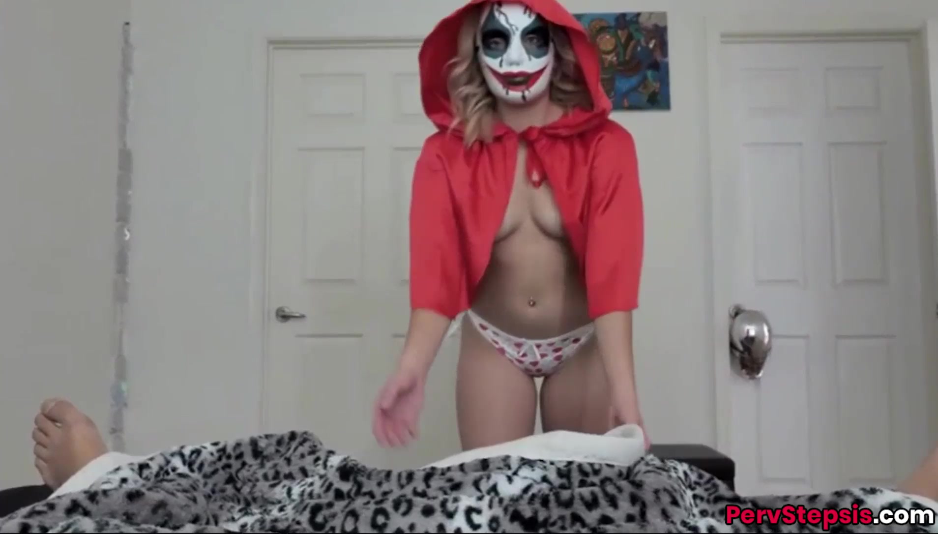 Teen blonde Stepsister, Katie Kush, surprise Stepbrother with her Halloween costume on